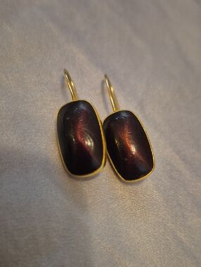 Gold Plated Dark Cherry Baltic Amber Drop Lever Back Earrings